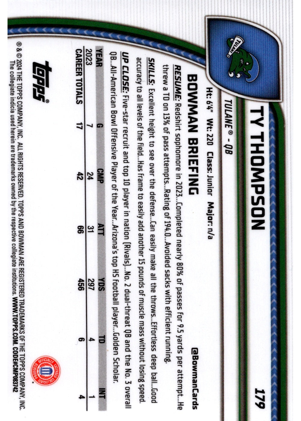 Ty Thompson Bowman Ty Thompson 1st Bowman 2024 Bowman Chrome U Tulane QB Football