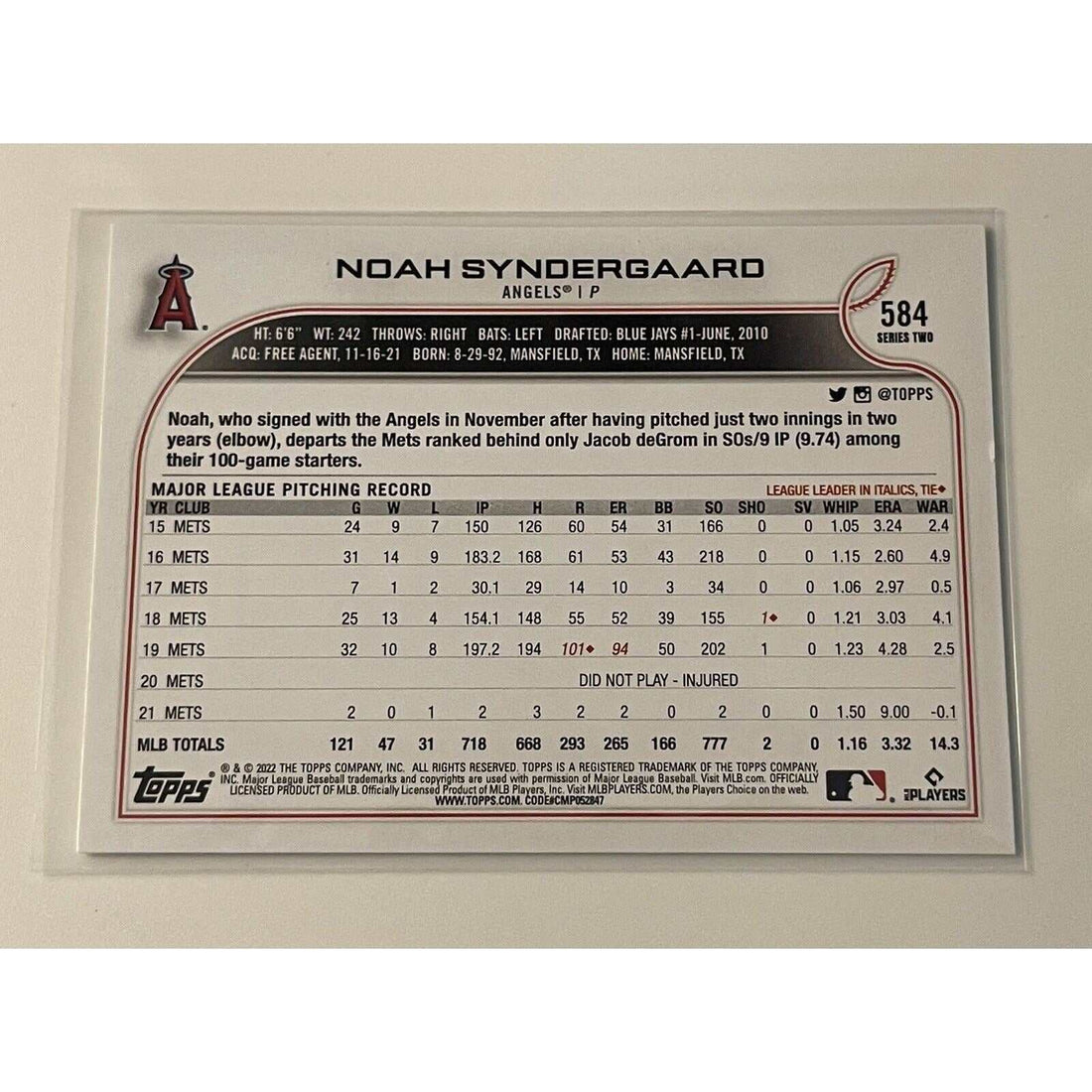 2022 Topps Series 2 Noah Syndergaard Los Angeles Angels MLB baseball card #584 with foil board parallel