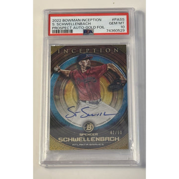 42/50* Spencer Schwellenbach RC Auto Bowman U Inception GOLD* Foil Braves PSA 10