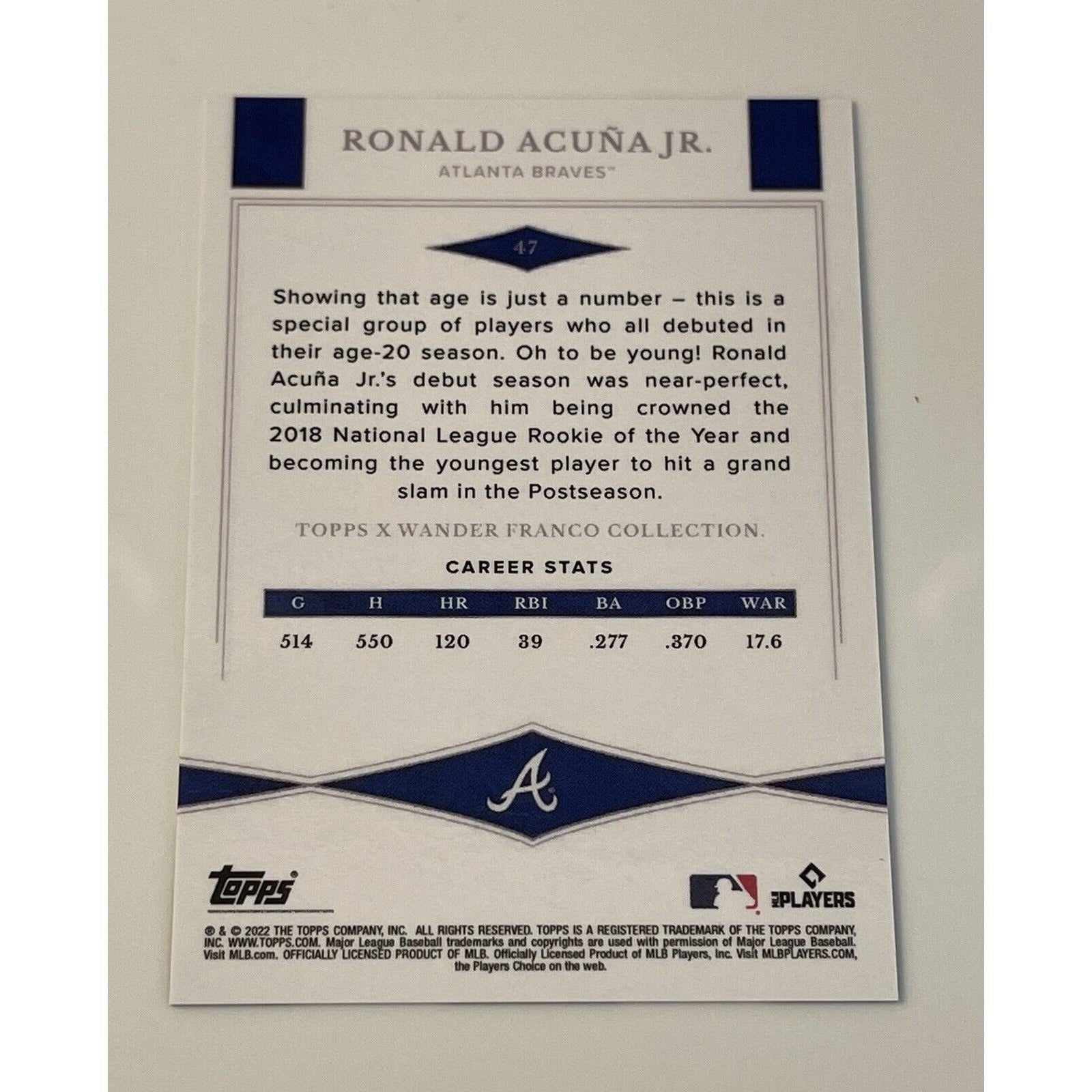 Ronald Acuna Jr 2022 Topps X Wander Franco Collection baseball card back showing career stats