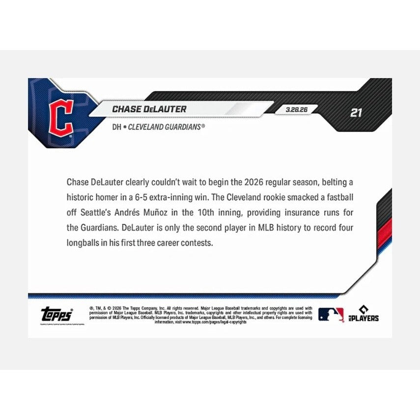 3662 PR Chase DeLauter RC 2026 MLB Topps NOW Card 21 Guardians Historic HR