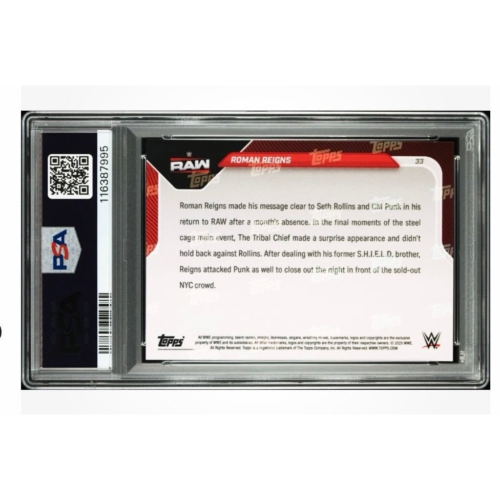 Roman Reigns Topps NOW Roman Reigns 1341 PR 2025 Topps NOW WWE 33 PSA 10 Crashes YTC Cage Match