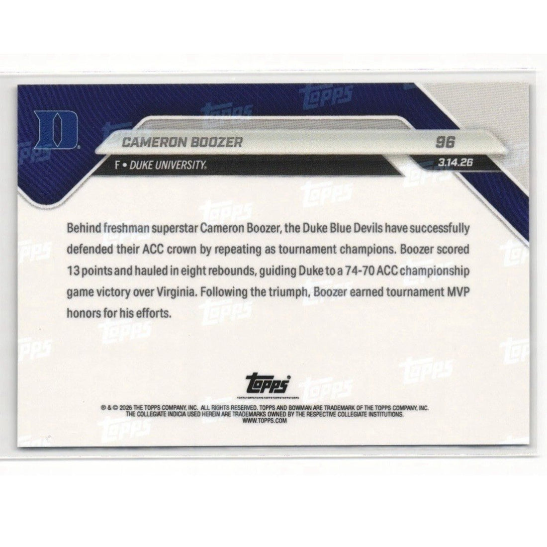 2363 Printed Cameron Boozer RC 2025-26 Bowman NOW Basketball #96 Duke ACC MVP