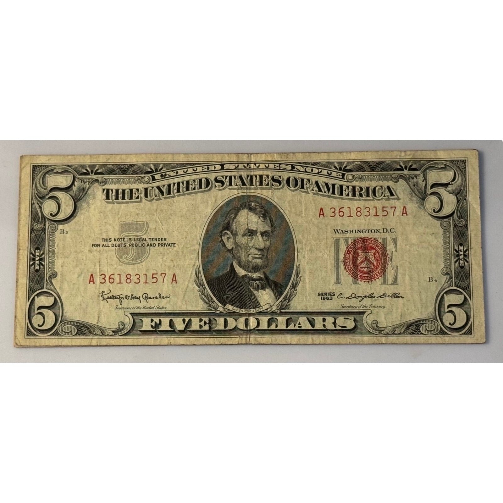**1963**! $5 Red Seal Lincoln Note Granahan Dillon Circulated US Legal Tender**!