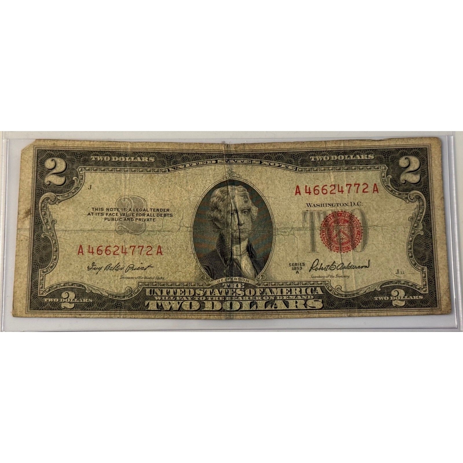 **1953**! A $2 Red Seal Jefferson Note Priest Anderson Circulated US Currency**!