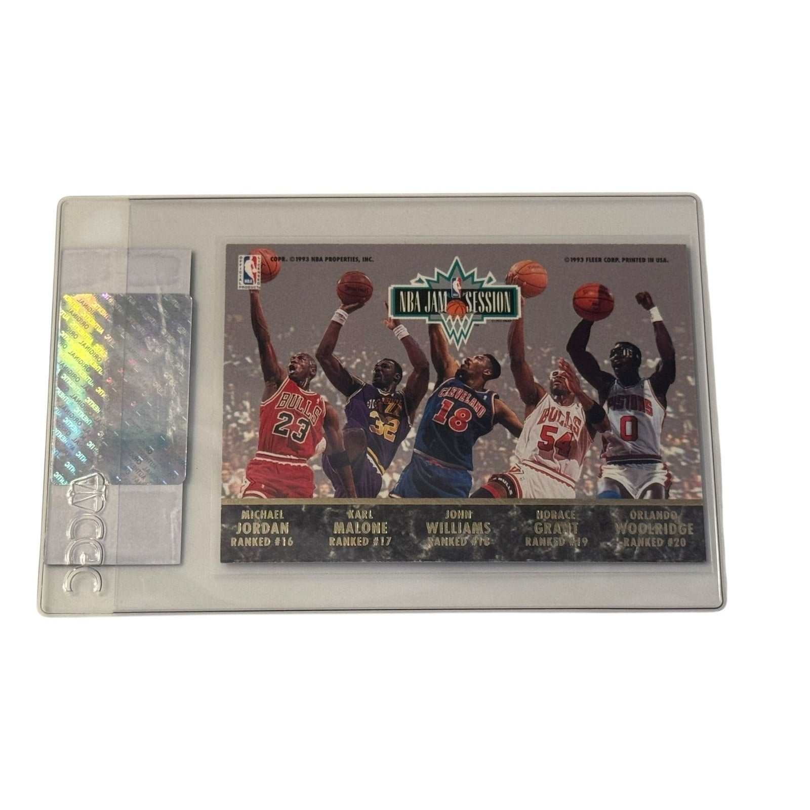 1992-93 Fleer Ultra Jam Session basketball card featuring Michael Jordan and NBA stars in CGC authentic sleeve
