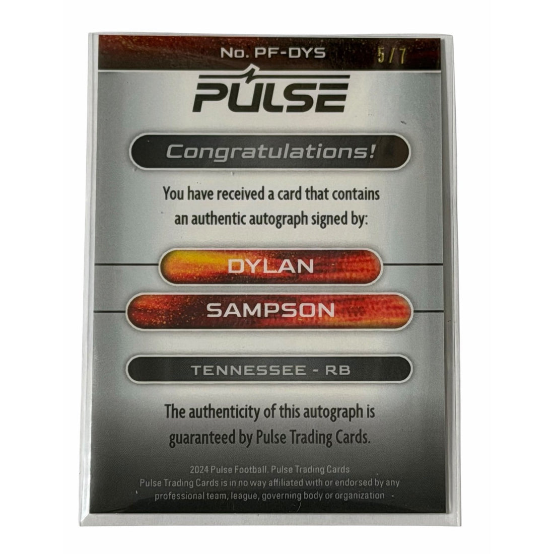 Dylan Sampson 2024 Pulse Premiere Auto 5/7 Tennessee Volunteers RB SSP NM