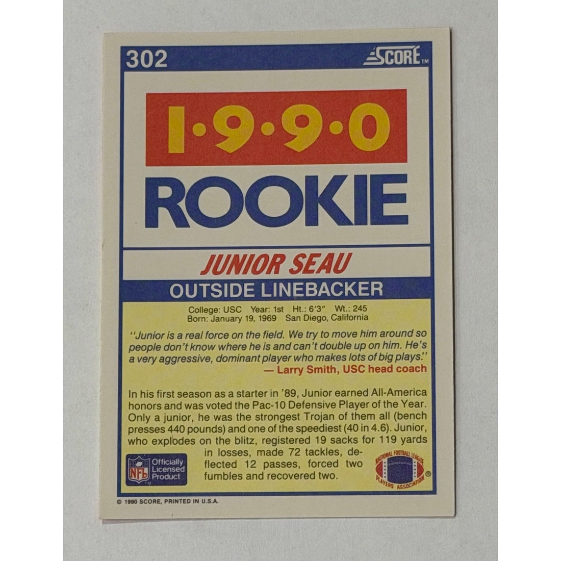 Vintage Junior Seau RC NFL 1990 Vintage Junior Seau RC NFL 1990 Score Rookie 302 Football Card