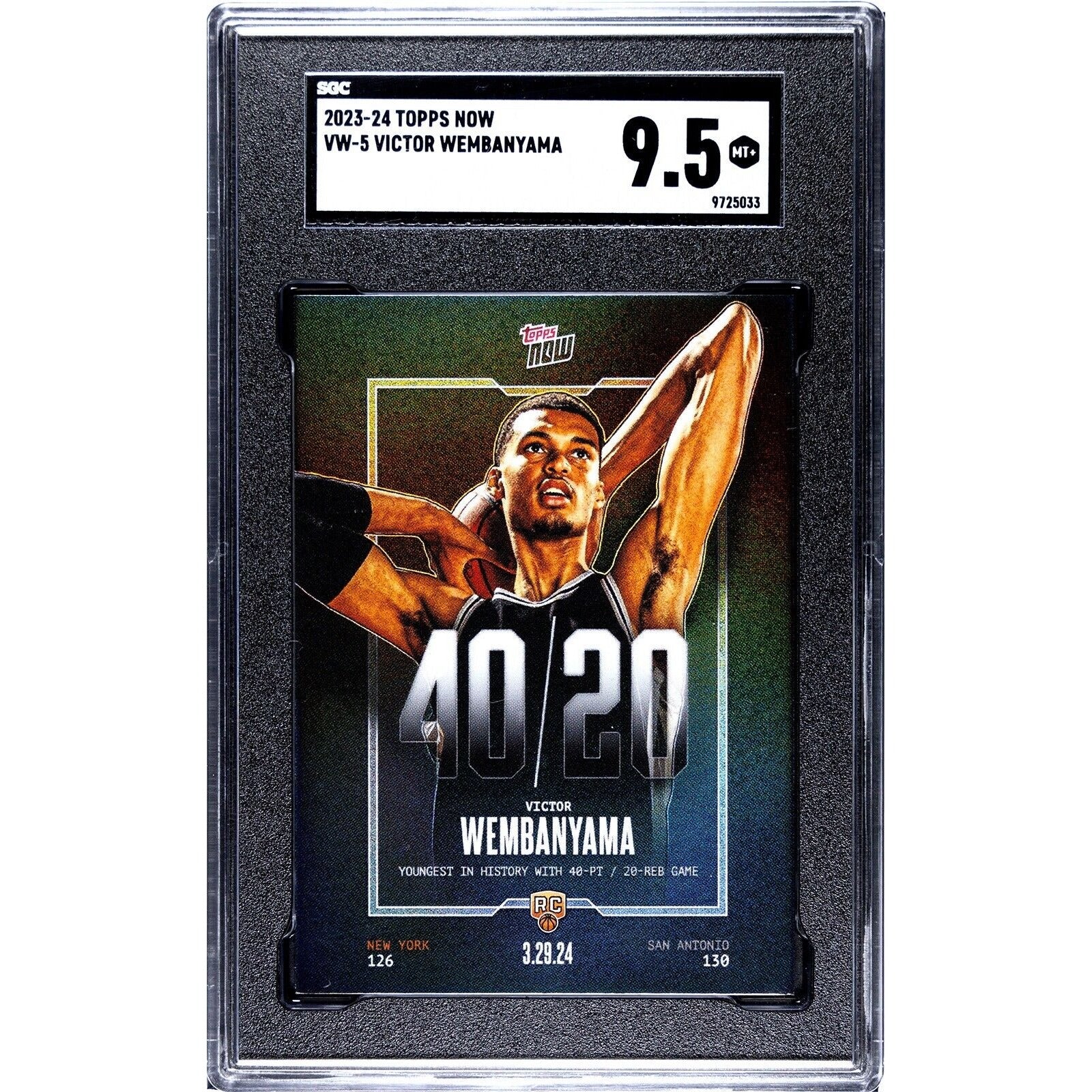 2023-24 Topps Now Victor Wembanyama RC Youngest 40/20 NBA Spurs Card VW5 SGC 9.5