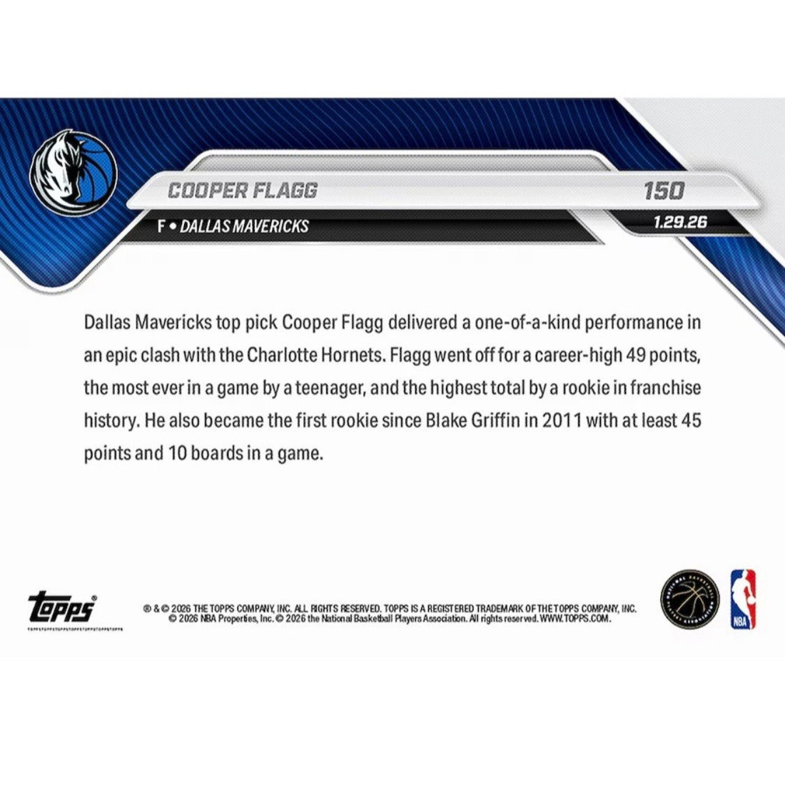 LIMITED Cooper Flagg RC - 2025-26 NBA Topps NOW #150 Dallas Mavericks Rookie