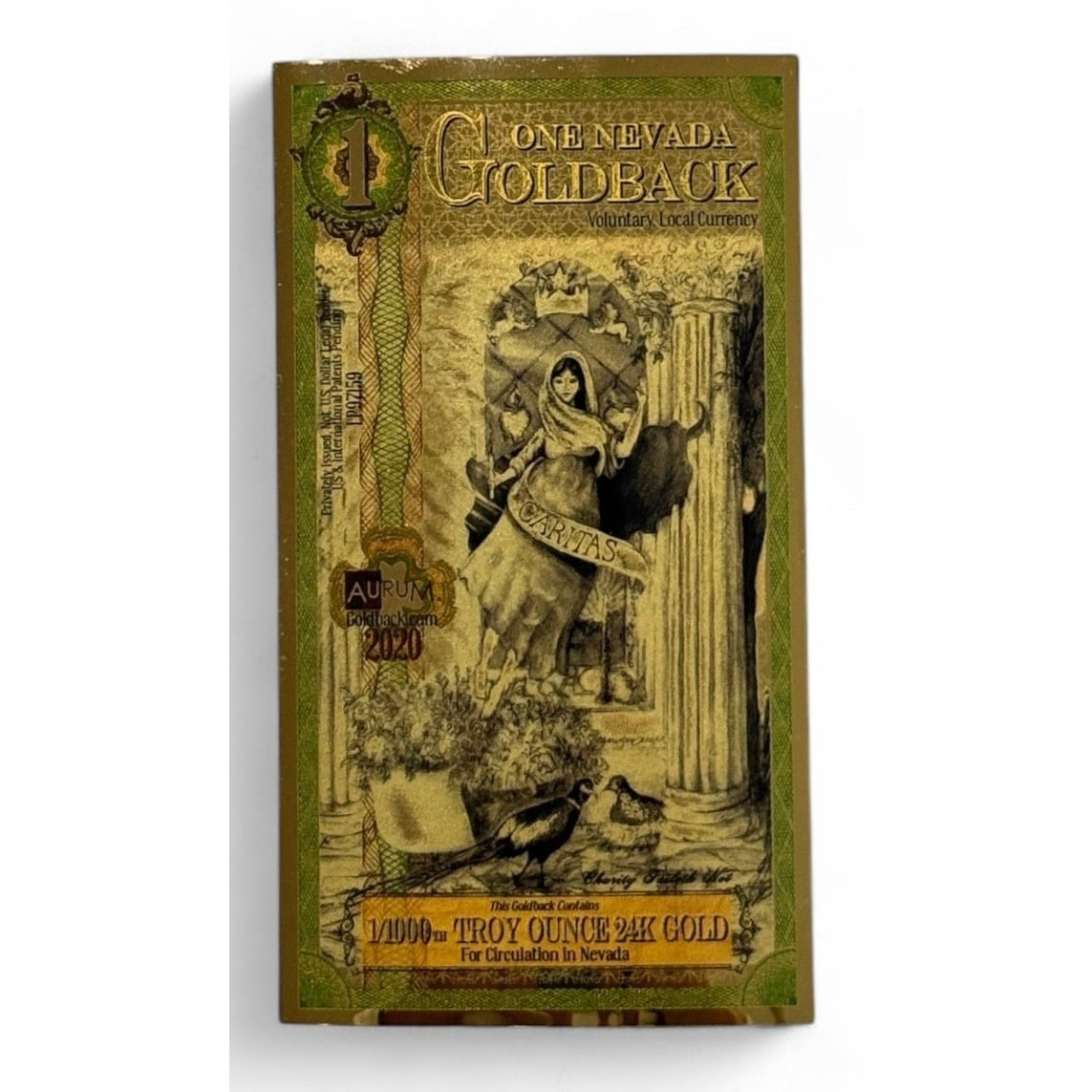 2020Nevada $1 Goldback Note made of 1/1000 oz .9999 Fine Gold Voluntary Currency