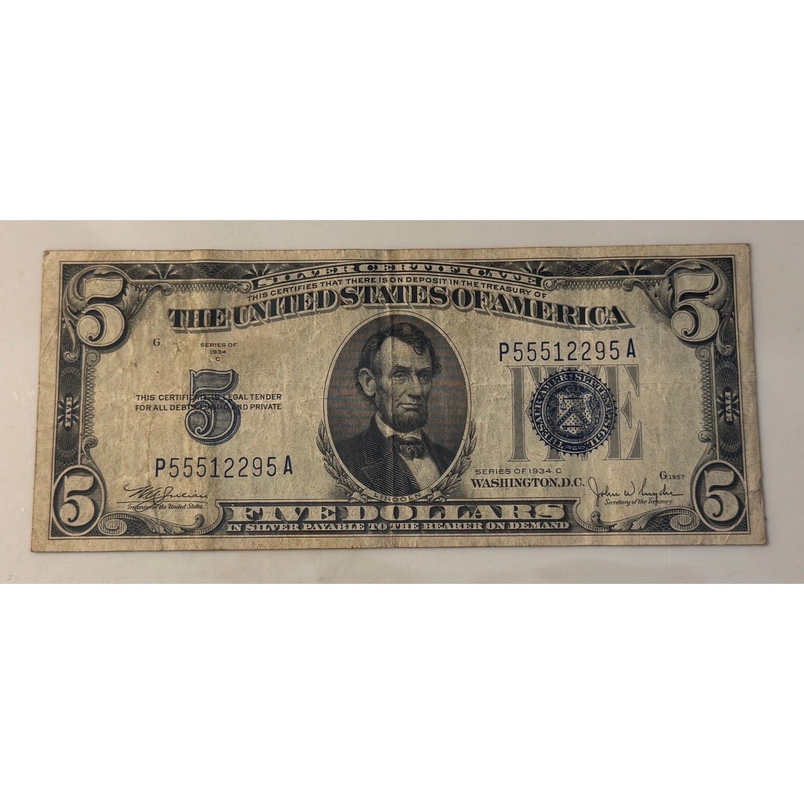 **!1934**! C $5 Silver Certificate Blue Seal Lincoln Note Vintage US Currency**!