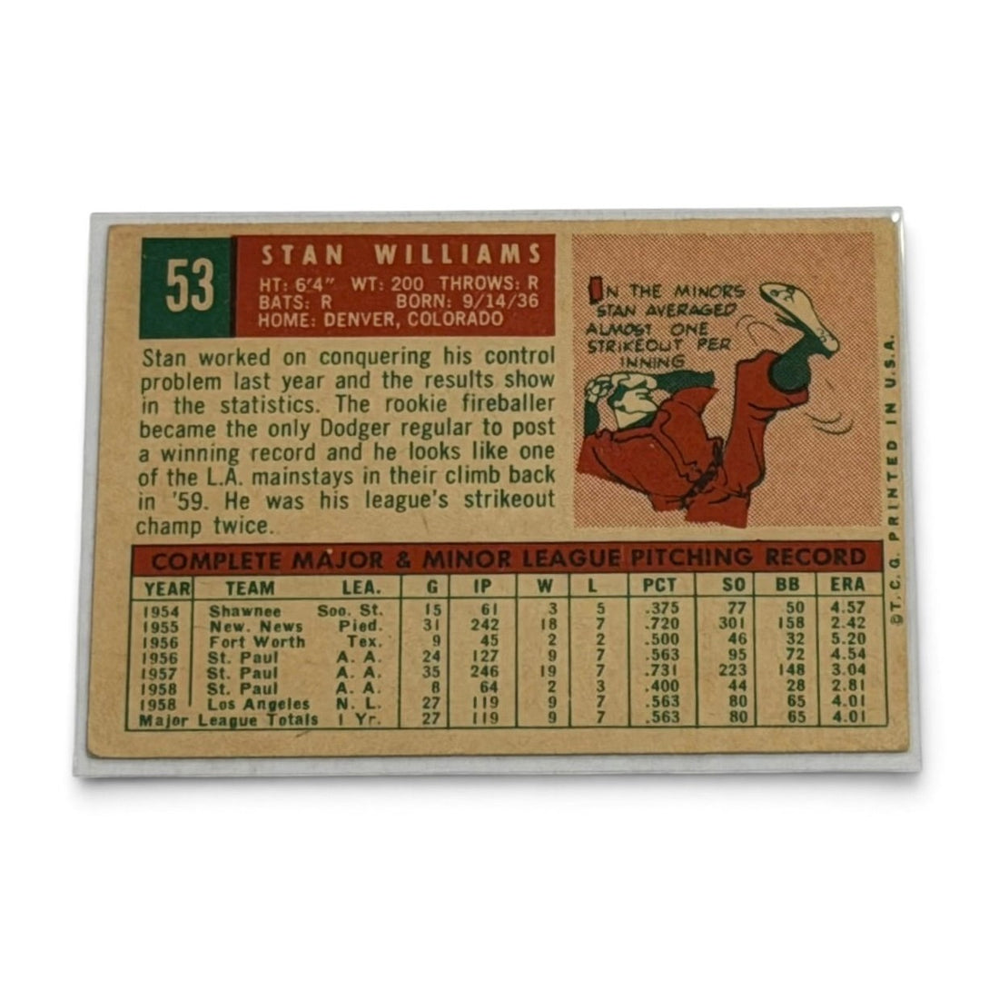 1959 Topps Stan Williams #53 Los Angeles Dodgers Vintage MLB Baseball Card
