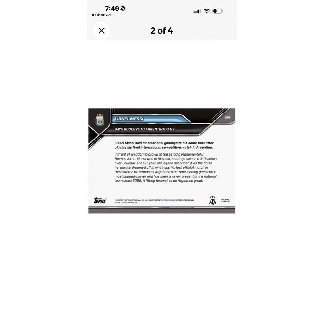 Limited PR Lionel Messi NM 2025 Topps NOW #2 Argentina Farewell Soccer Card GOAT