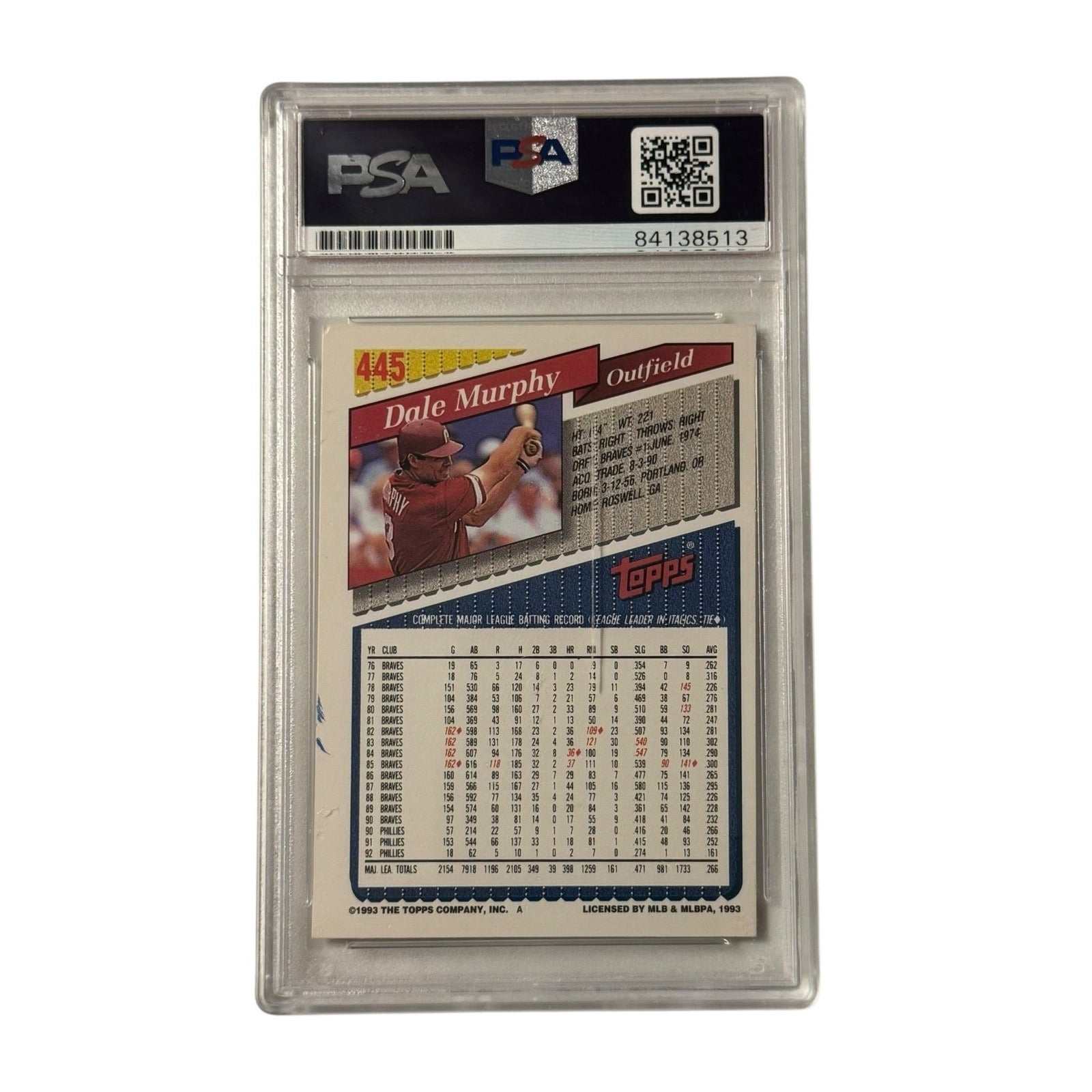 RARE 1992 Dale Murphy autographed Phillies baseball card PSA DNA certified collector's item
