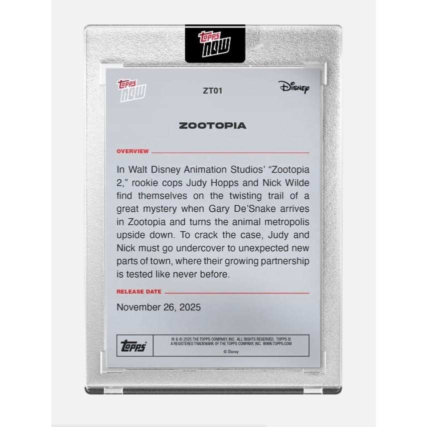 Zootopia 2 Topps Now limited edition collectible card featuring Judy Hopps, Nick Wilde, and snake character artwork