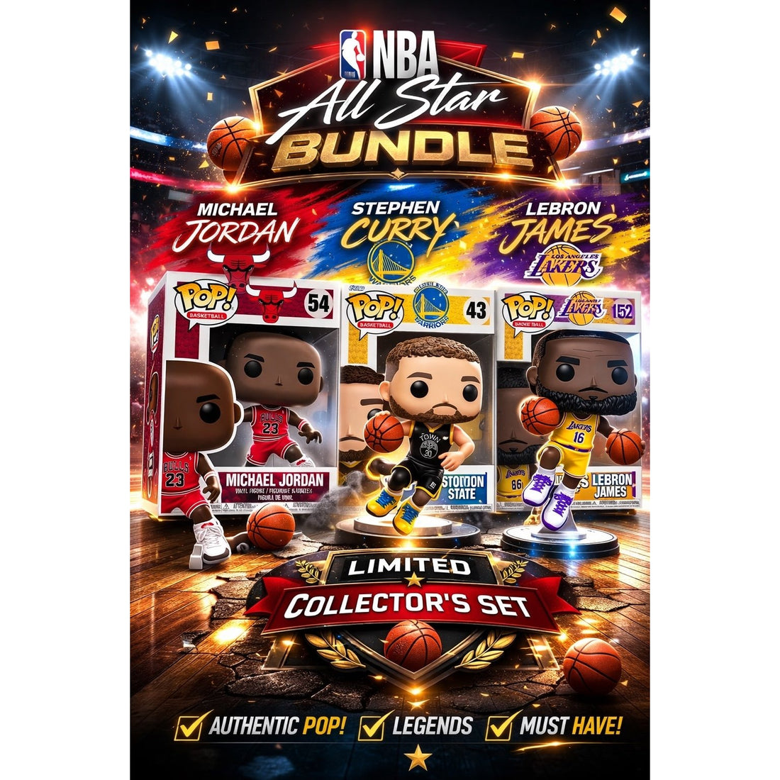 Iconic Set of NBA All Stars Funko Pop bundle featuring Michael Jordan #54, Stephen Curry #43, and LeBron James #152