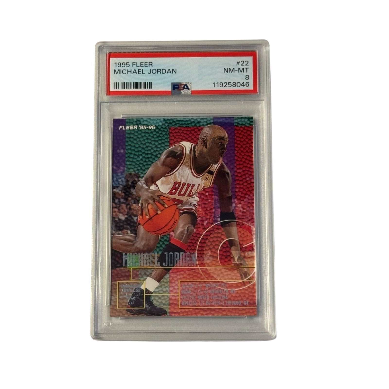 1995 Fleer Michael Jordan #22 PSA 8 Chicago Bulls basketball card with vibrant 90s design
