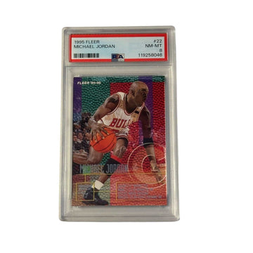1995 Fleer Michael Jordan #22 PSA 8 Chicago Bulls basketball card with vibrant 90s design