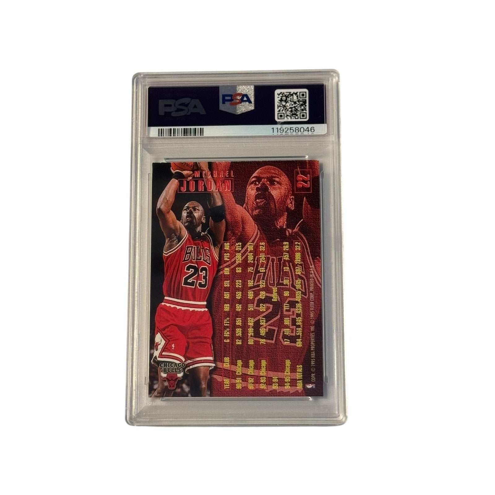 1995 Fleer Michael Jordan #22 PSA 8 Chicago Bulls basketball card with vibrant 90s design in protective slab
