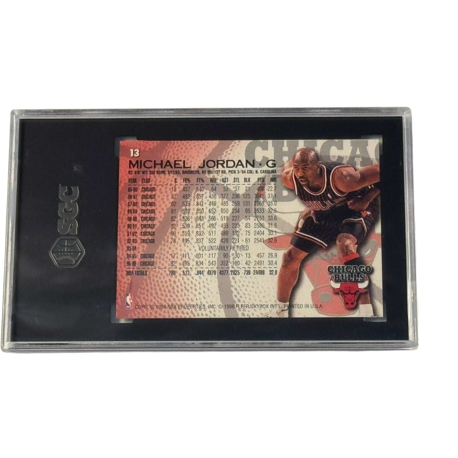 1996-97 Fleer Michael Jordan card #13 graded SGC 9 Mint in black slab showing action shot of Jordan with Chicago Bulls logo