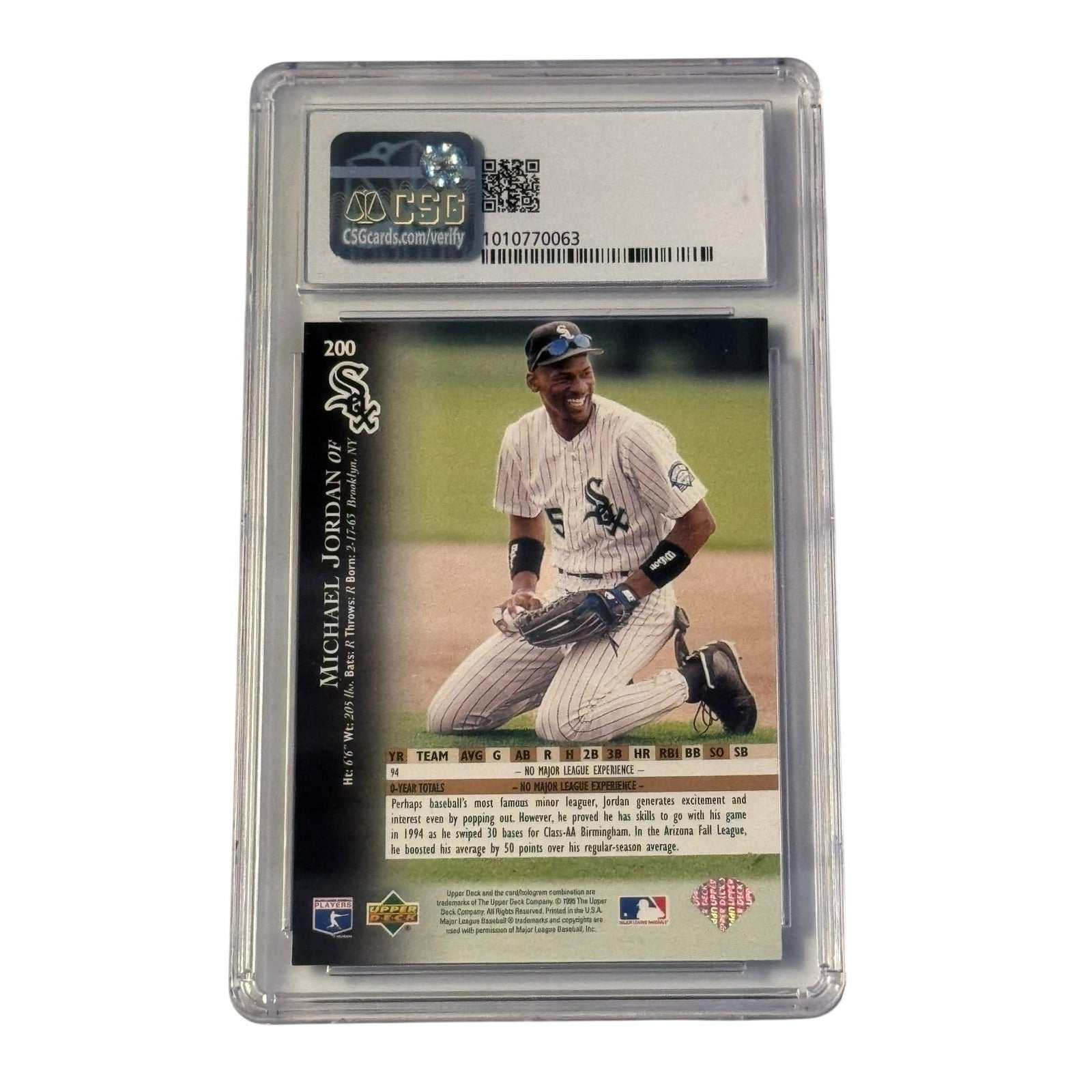 1995 Upper Deck Michael Jordan Chicago White Sox baseball card graded CSG 8.5 in protective slab