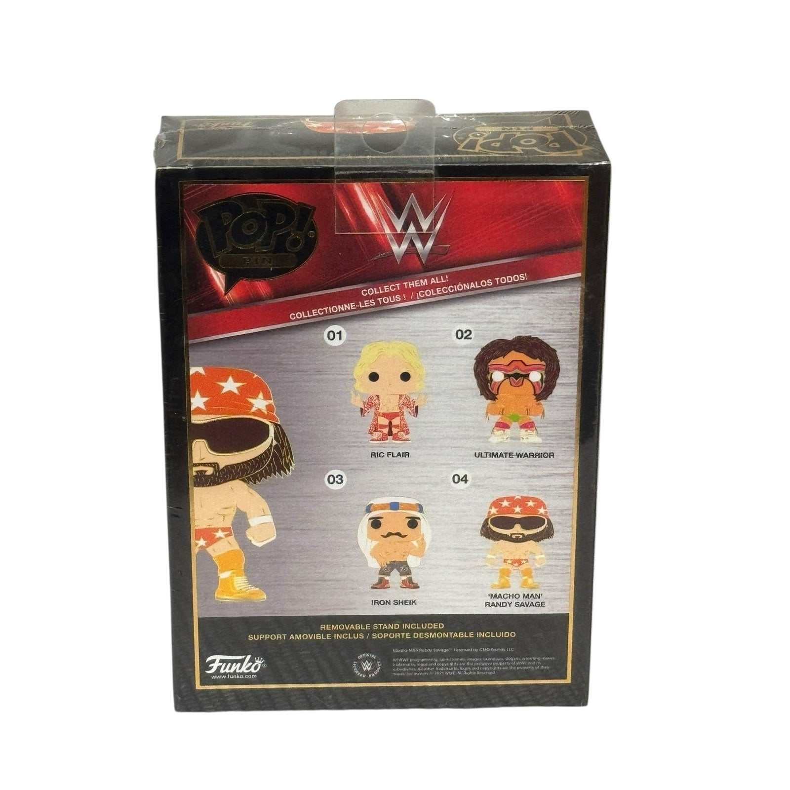 Funko Pop Pin WWE Macho Man Randy Savage enamel collectible with orange star gear packaging back view