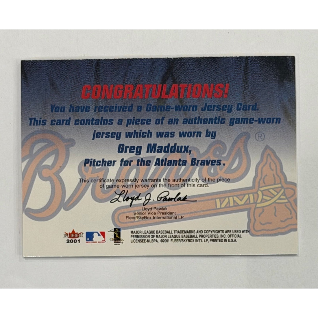 Greg Maddux 2001 Fleer Game Worn Jersey Atlanta Braves MLB HOF Patch