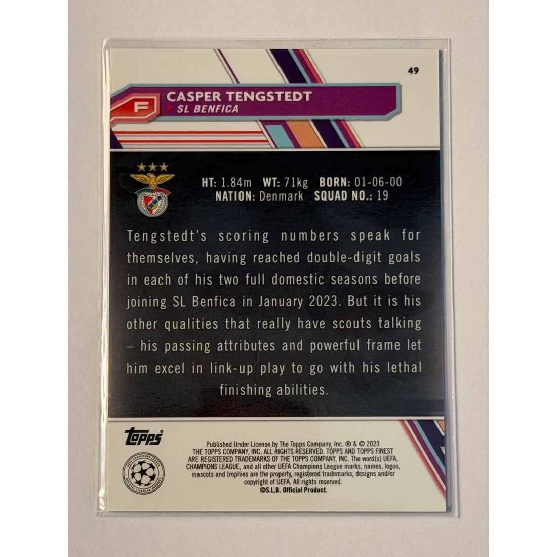 /249 Casper Tengstedt RC 2023-24 Topps Finest Aqua Refractor #49 Benfica Futbol