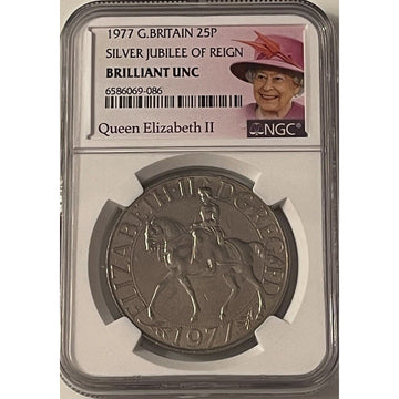 1977 GREAT BRITAIN 25 P SILVER JUBILEE REIGN OF QUEEN ELIZABETH II NGC BU