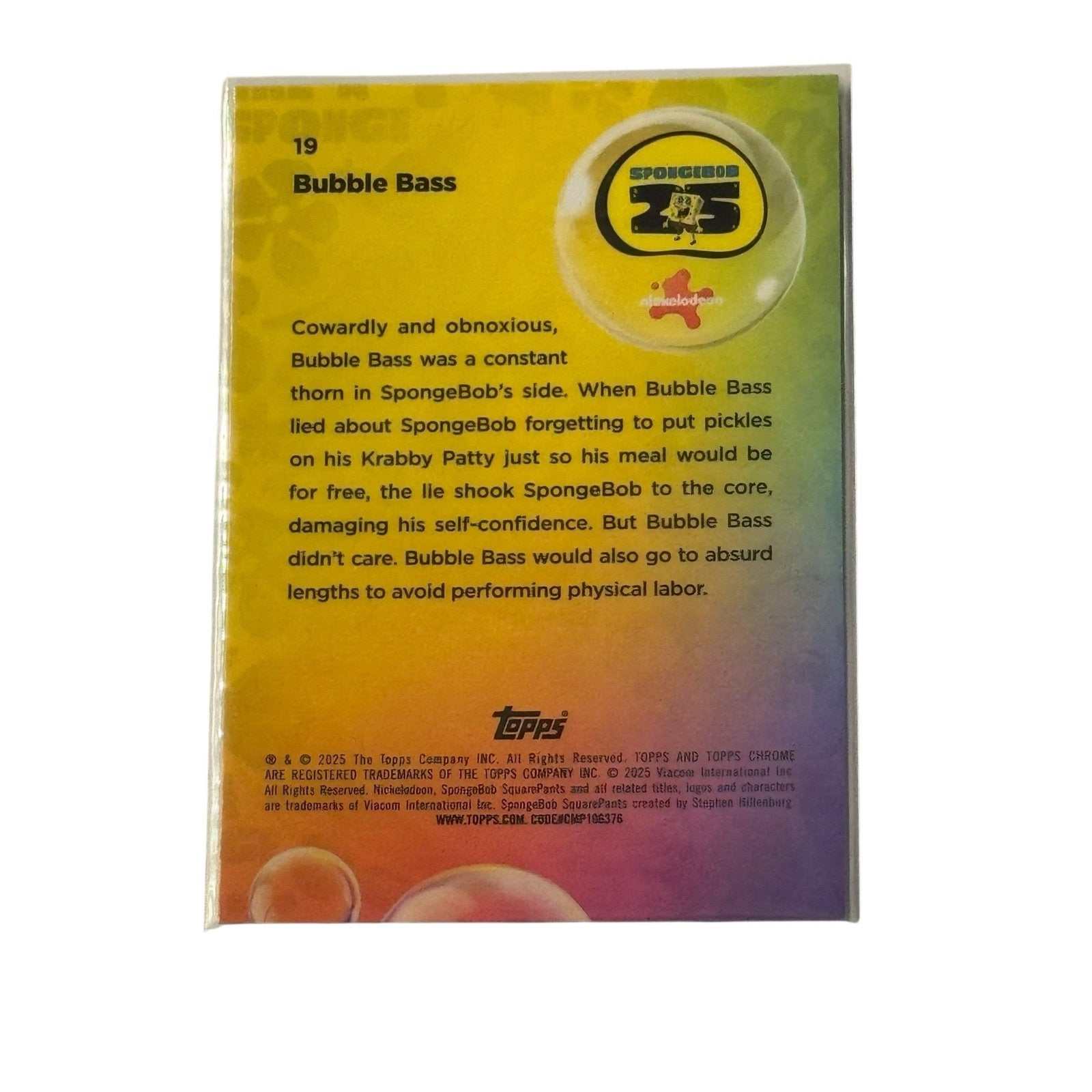 Topps Chrome SpongeBob 25th Anniversary Bubble Bass #19 trading card back view