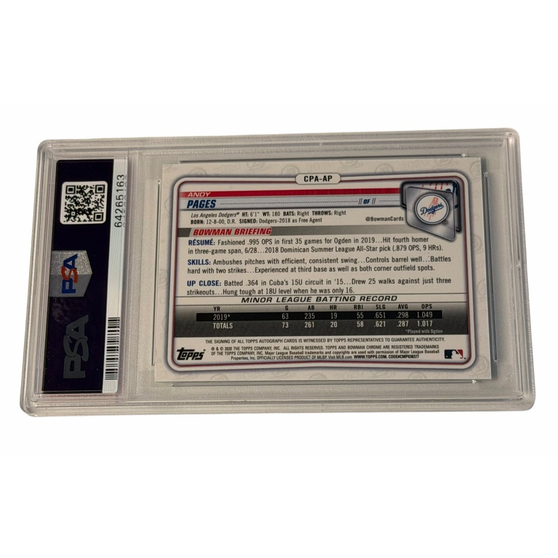 Andy Pages RC Auto PSA 10 2020 Bowman Chrome 1st MLB LA Dodgers Card #CPAAP