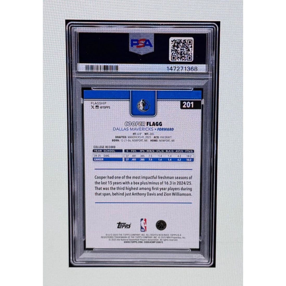 Cooper Flagg RC 2025 Topps #201 PSA 10 GEM MINT Mavericks NBA Rookie