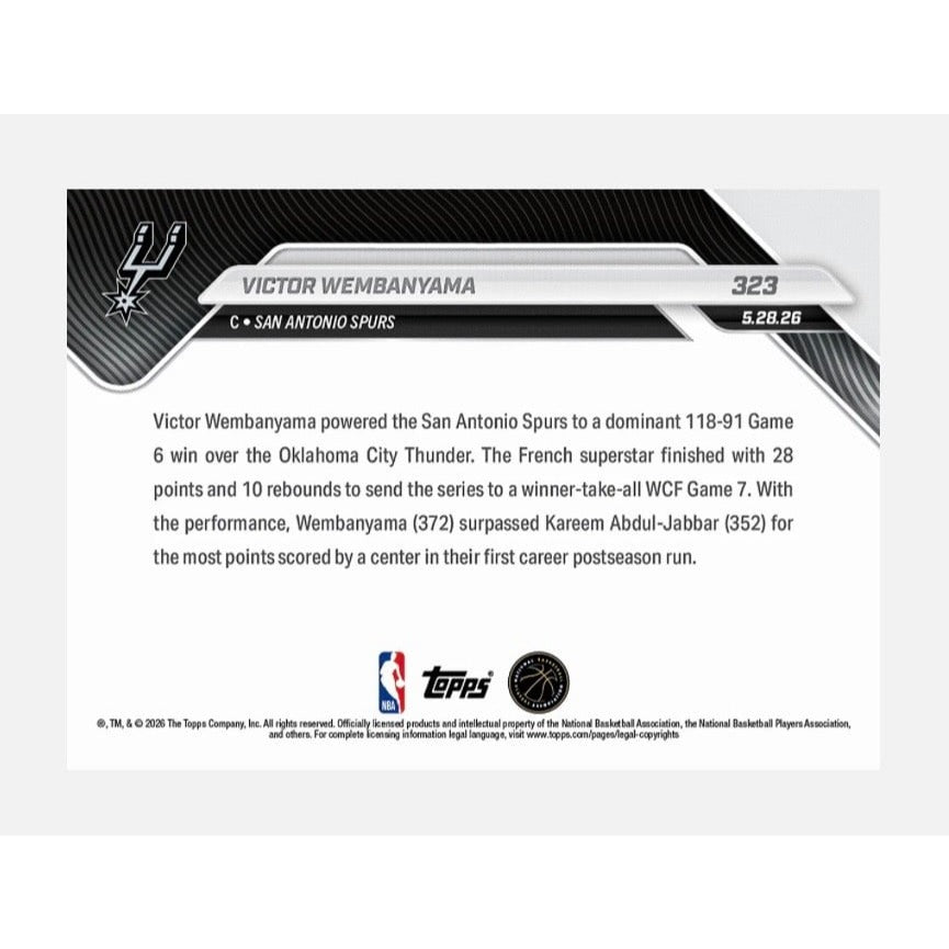 Limited PR! 2026 Topps NOW Victor Wembanyama #323 Spurs Historic Playoff Run