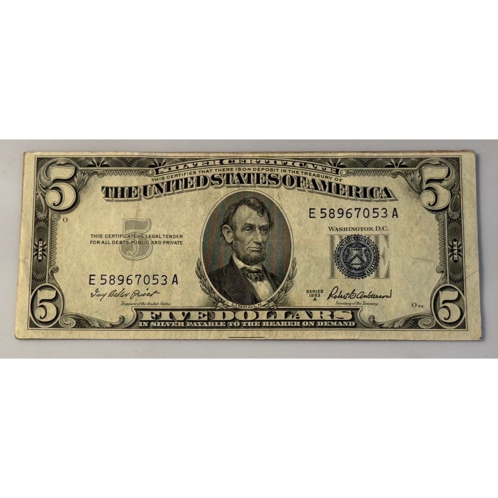 *1953**! A $5 Silver Certificate Blue Seal Priest Anderson Circulated US Note**!