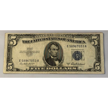 *1953**! A $5 Silver Certificate Blue Seal Priest Anderson Circulated US Note**!