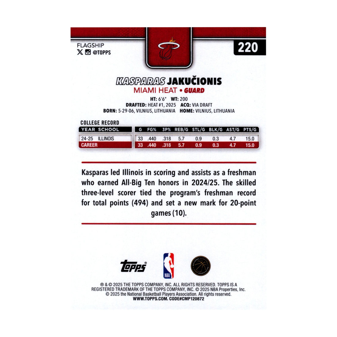 Kasparas Jakucionis 2025-26 Topps Basketball #220 Heat NBA Rookie Card - front