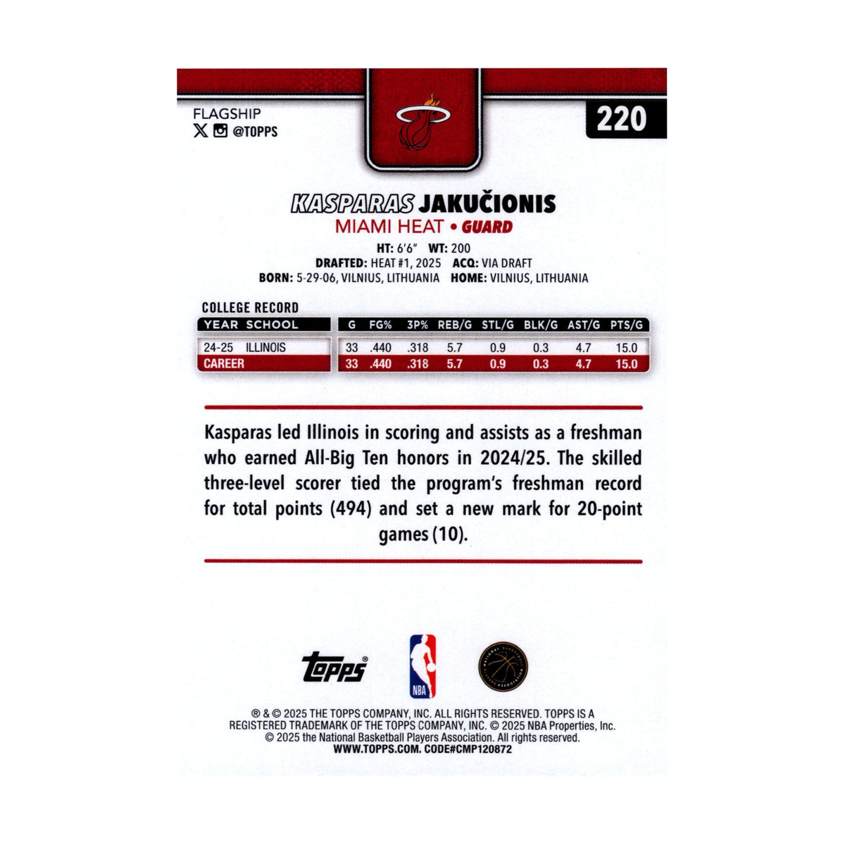 Kasparas Jakucionis 2025-26 Topps Basketball #220 Heat NBA Rookie Card - back