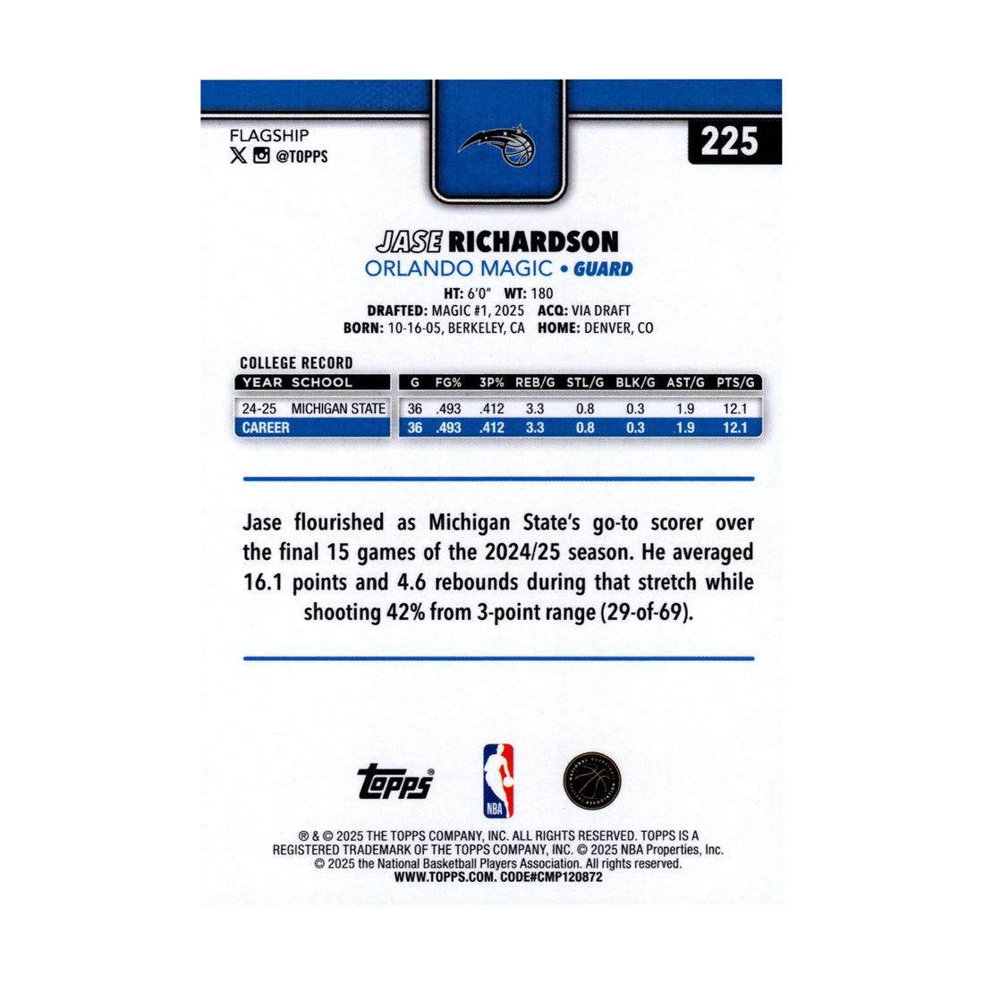 Jase Richardson 2025-26 Topps Basketball #225 Orlando Magic NBA Rookie - front