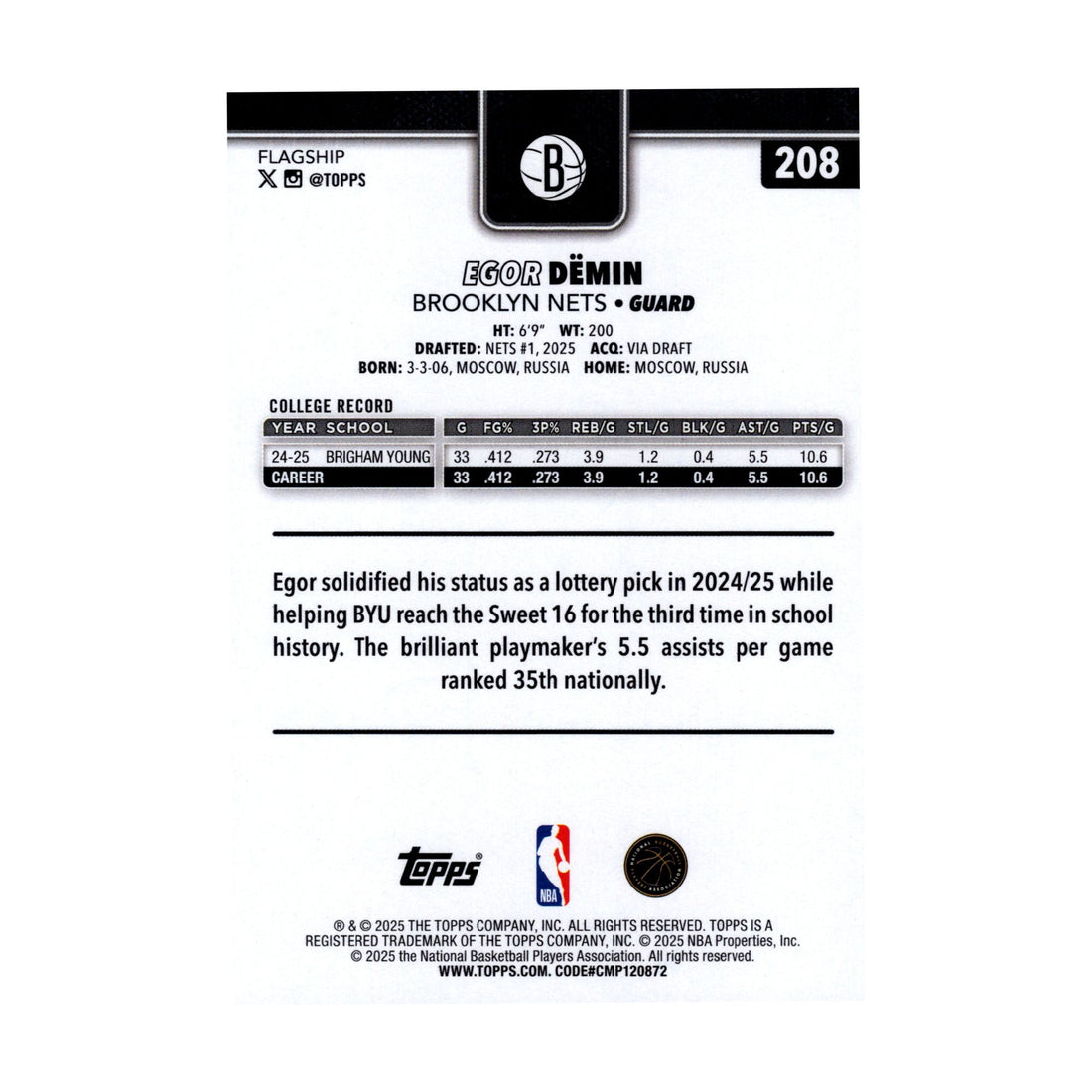 Egor Demin 2025-26 Topps Basketball #208 Brooklyn Nets NBA Rookie Card - front