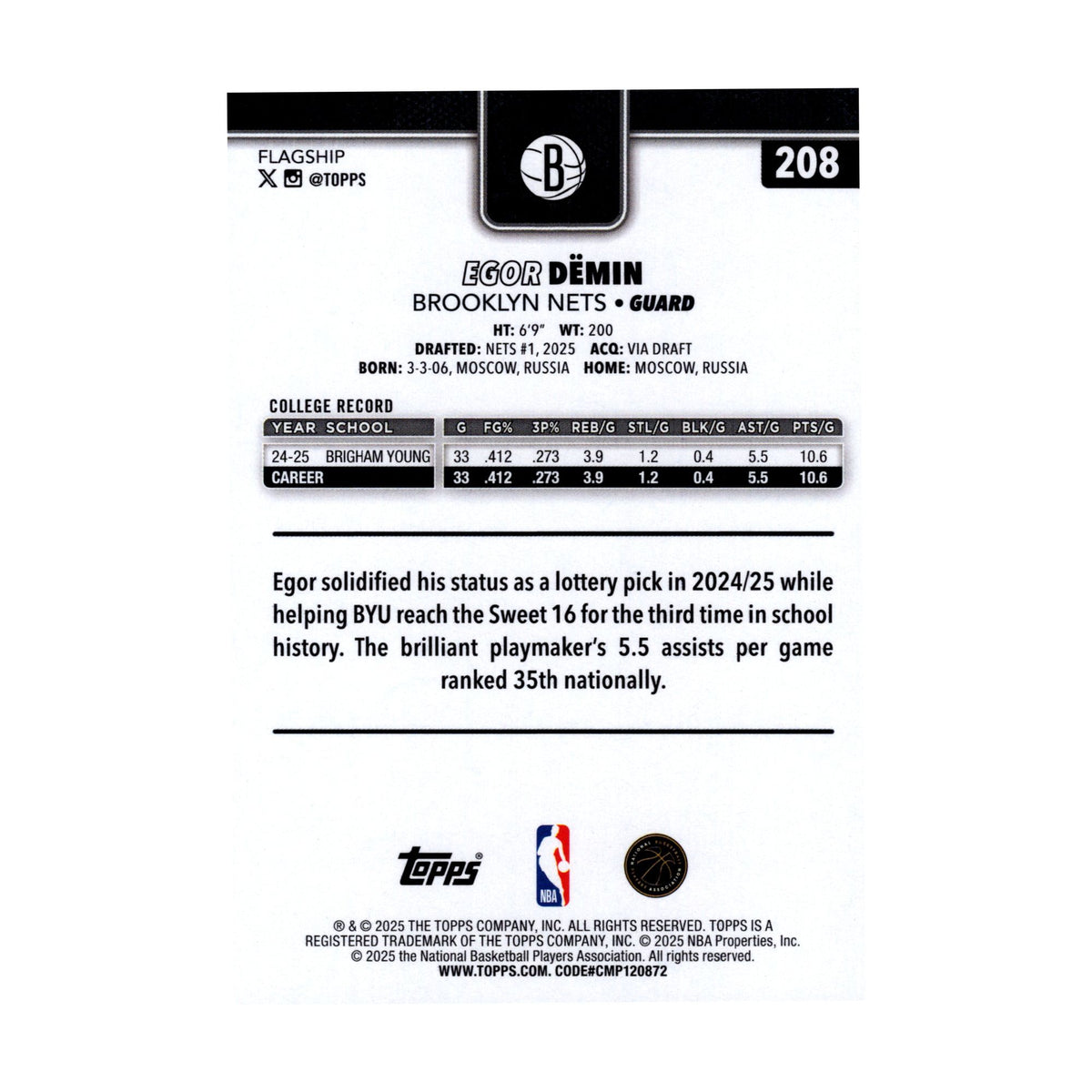 Egor Demin 2025-26 Topps Basketball #208 Brooklyn Nets NBA Rookie Card - back