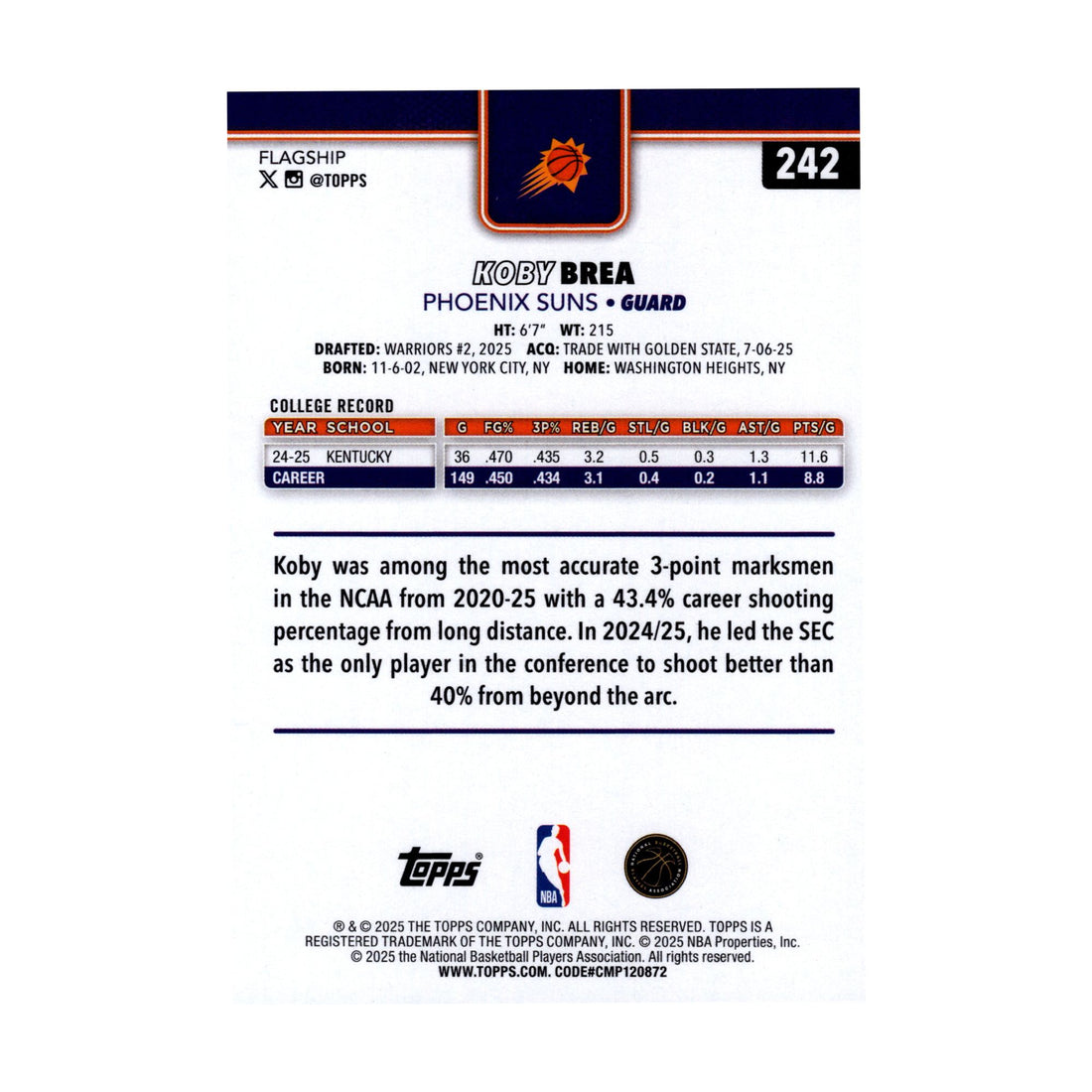 Koby Brea 2025-26 Topps Basketball #242 Phoenix Suns NBA Basketball Card - front