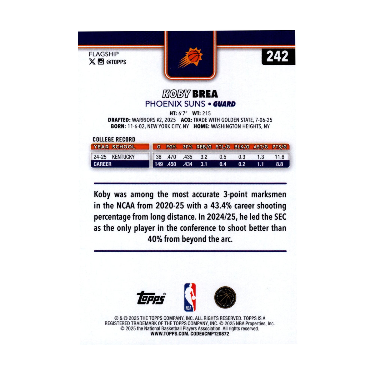 Koby Brea 2025-26 Topps Basketball #242 Phoenix Suns NBA Basketball Card - back