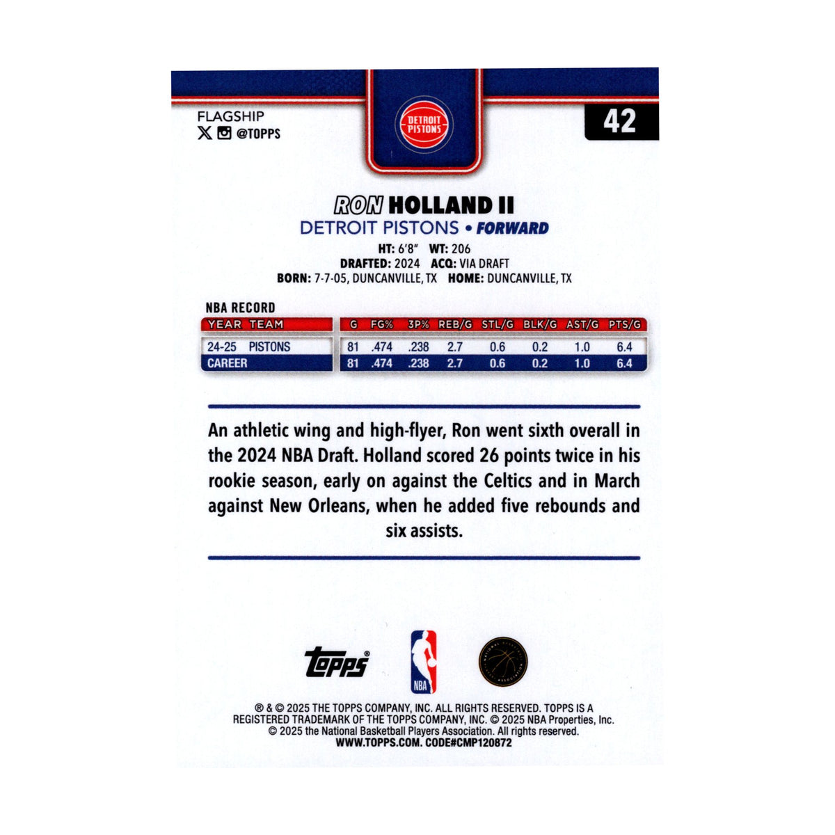Ron Holland II 2025-26 Topps Basketball #42 Pistons NBA Basketball Card - back