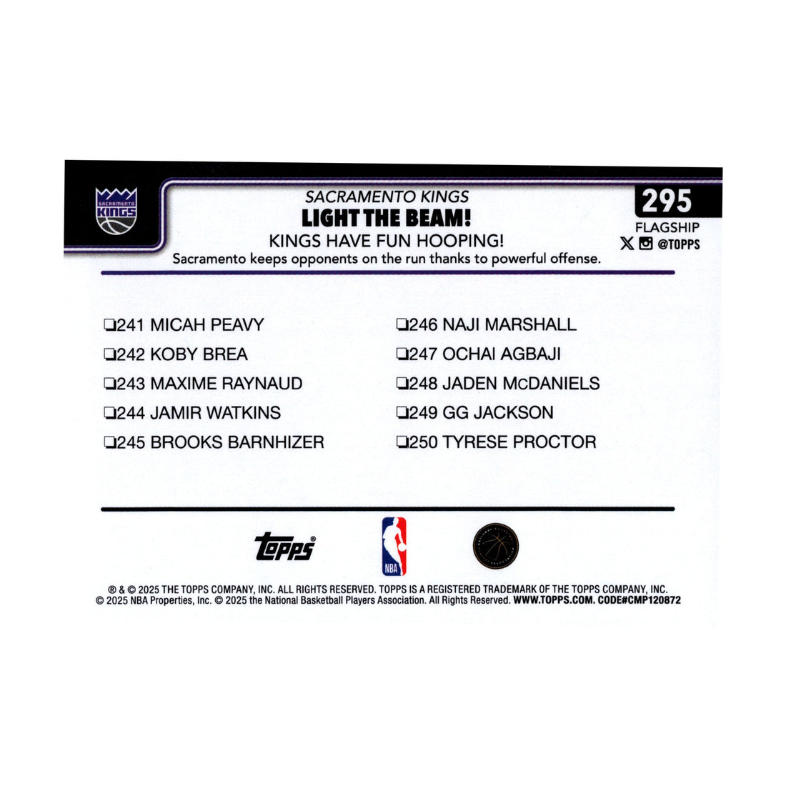 Sacramento Kings Light the Beam 2025-26 Topps Basketball #295 NBA Card - front
