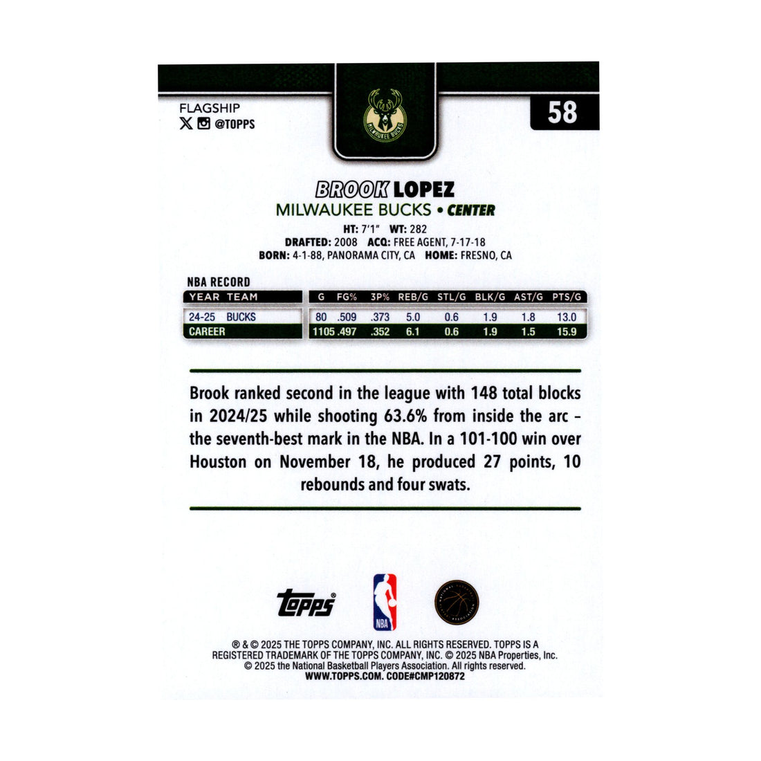 Brook Lopez 2025-26 Topps Basketball #58 Milwaukee Bucks NBA Basketball - front