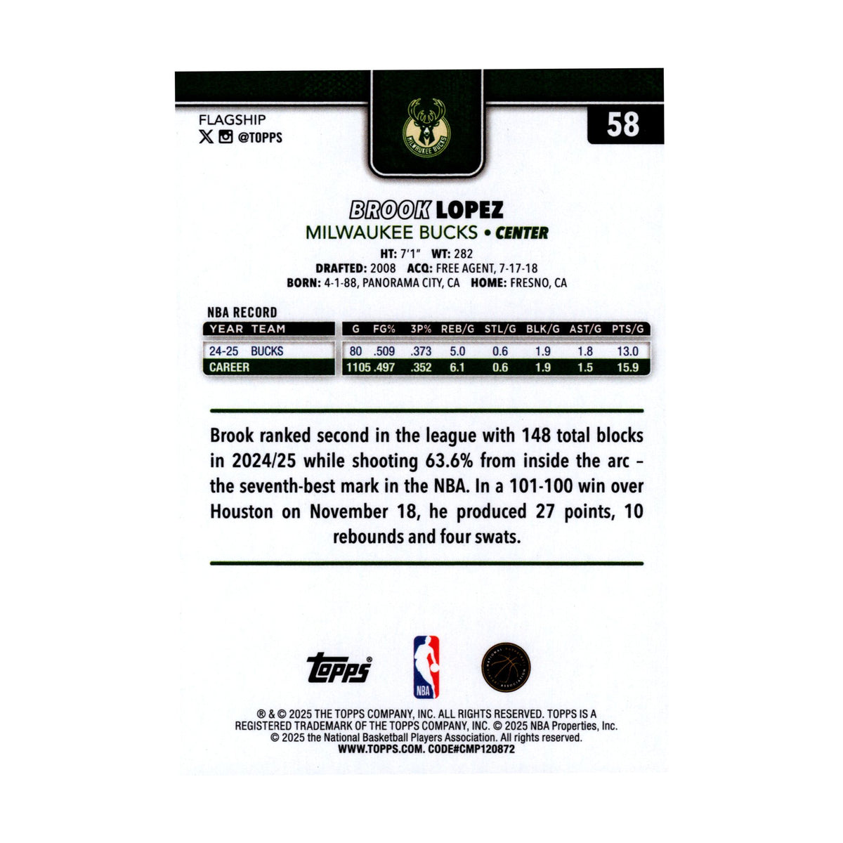 Brook Lopez 2025-26 Topps Basketball #58 Milwaukee Bucks NBA Basketball - back