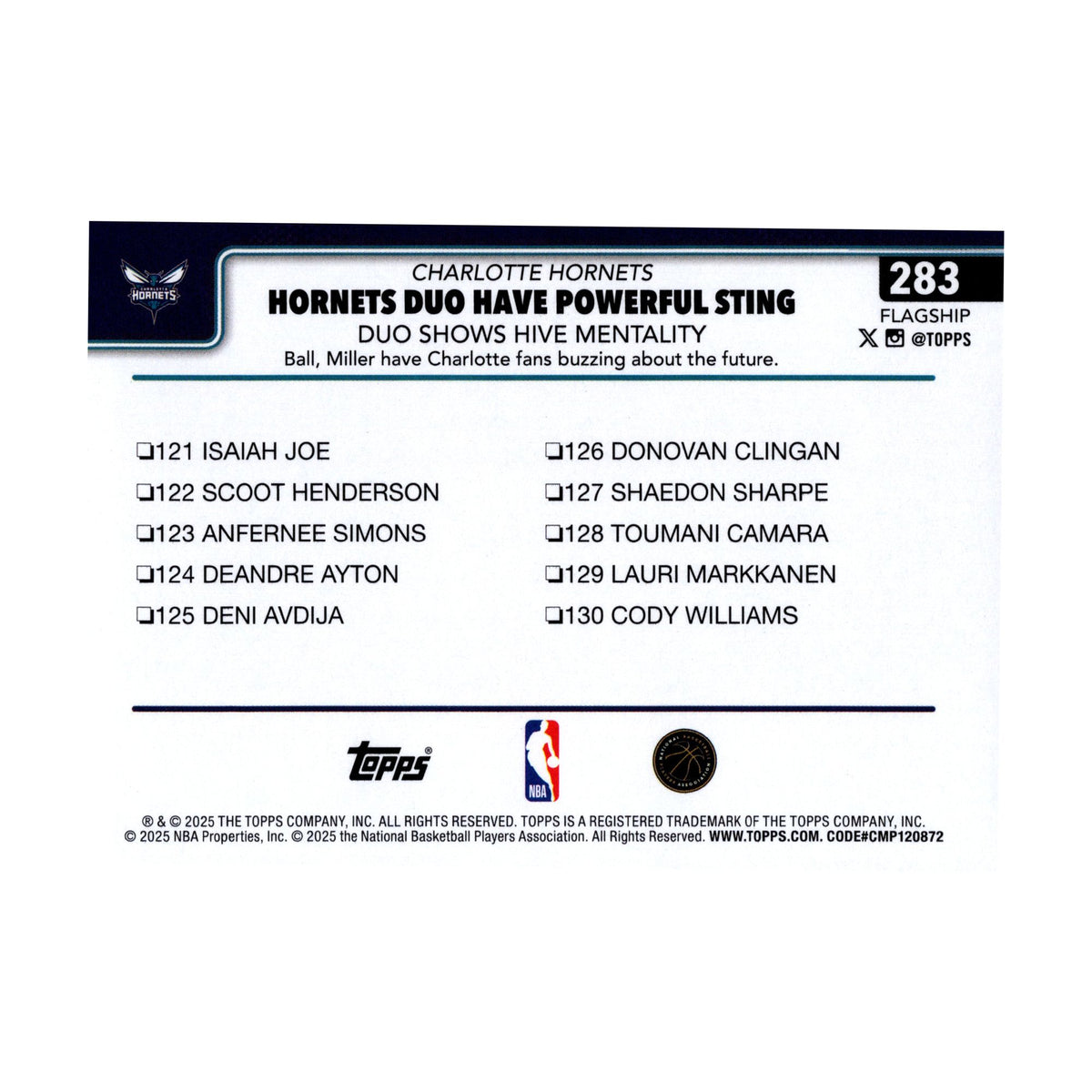 Charlotte Hornets Hive Mentality 2025-26 Topps Basketball #283 NBA Card - back