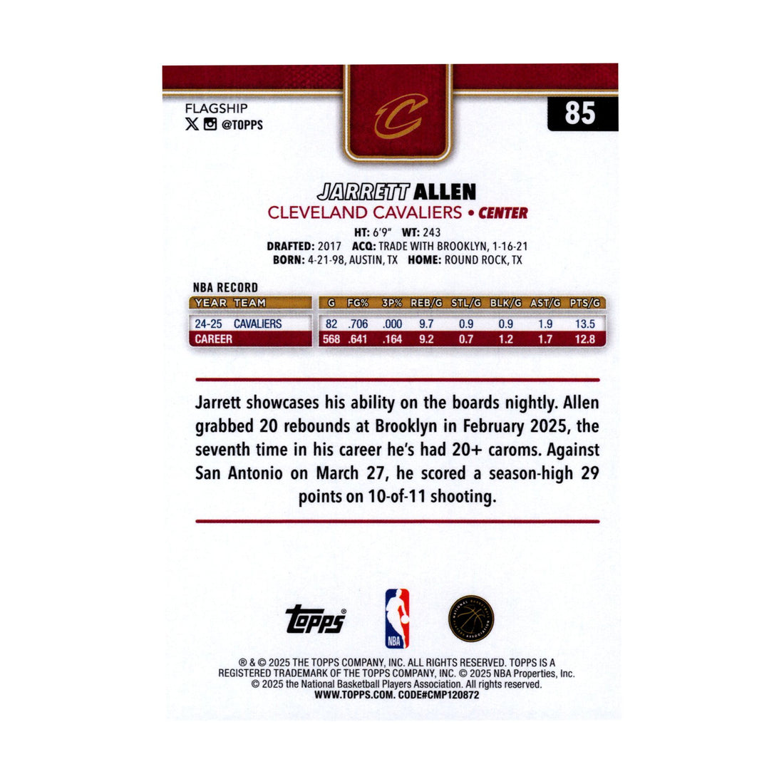 Jarrett Allen 2025-26 Topps Basketball #85 Cleveland Cavaliers NBA Card - front