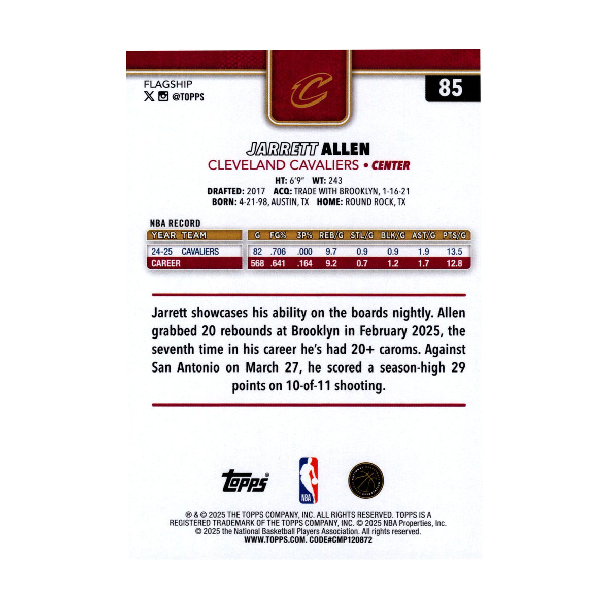 Jarrett Allen 2025-26 Topps Basketball #85 Cleveland Cavaliers NBA Card - back